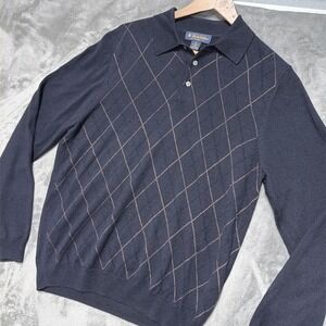 Brooks Brothers Sweater Mens M Navy Merino Wool Silk Cashmere Argyle Polo